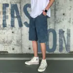 Knee Length Jean Men High Waist Jeans Solid Zipper Fly Straight Trousers Loose Fit Vintage Washed Distressed Summer 2025