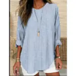 Top Women Striped Print Blouse Round Collar Three Quarter Sleeves Female Vintage Shirt Tops Autumn 2025 Office Lady Blouses