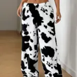 Trendy Cow Print Fuzzy Pants for Women – Soft Plush Wide-Leg Lounge Trousers, Oversized Casual Y2K Fashion Warm Pajama Bottoms