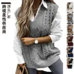 Women V Neck Sweaters Thick Sleeveless Spliced Casual Pullovers Solid Straight Jumpers Elegant Lady Knited Warm Regular