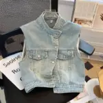 Denim Vest Women Waistcoat Sleeveless Jacket Stand Collar Single Breasted Pockets 2025 Summer Vintage Washed Coat Streetwear