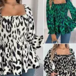 Women Blouse Leopard Print Top Square Collar Flare Sleeve Edible Tree Fungus Blouses Chiffon Shirt Autumn Office Lady 2025