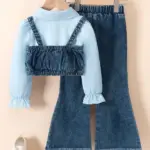 Autumn Baby Lapel Shirt Denim Vest Beaded Denim Flared Pants Three-piece Set 2025 New Cross-border