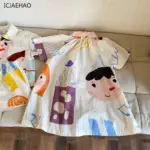 2025 Girls Cute Graffiti Dress Boys Short Sleeved Shirt Kids Outwear Mathing New Summer Clothes Set Children Thin Style