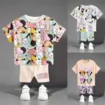 Minnie Mouse T-shirt 2piece Set For Girl Clothing Summer Kids Short Sleeved Suit Printed Cartoon Fashion Tees Shorts Outfits