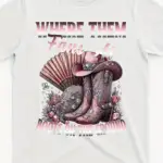 Women's Where Them Fans at Denim Graphic T-Shirt, Ground Boots, Western Design, Soft Cotton, Round Neck, Short Sleeve T-Shirt Suitable for Music, Festivals, and Casual Wear