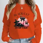 Creative Halloween Pumpkin Black Cat Social Club Print Pullover Long